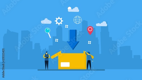 Website or landing page of free download vector illustration.drawing down arrow and cardboard box with Tiny People Character Concept Vector Illustration, Suitable For web landing page,Wallpaper, 