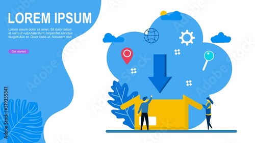 free download vector illustration.drawing down arrow and cardboard box with Tiny People Character Concept Vector Illustration, Suitable For web landing page,Wallpaper, Background,banner,Book Illustra 