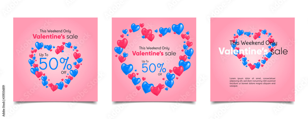 set of template square banner valentine sale with 3d candy hearts