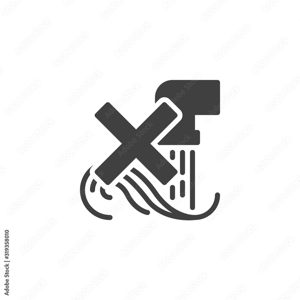 No Water pollution prohibition vector icon. filled flat sign for mobile concept and web design. Drainage pipe with dirty waste glyph icon. Symbol, logo illustration. Vector graphics No Water pollution prohibition vector icon. filled flat sign for mobile concept and web design. Drainage pipe with dirty waste glyph icon. Symbol, logo illustration. Vector graphics