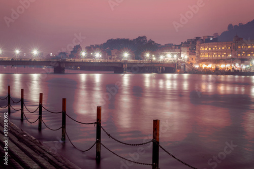 Night scene of river Ganga in Haridwar, India
