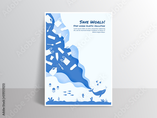 Stop ocean plastic pollution poster, Ocean environment problem, Ecological flyer with plastic waste