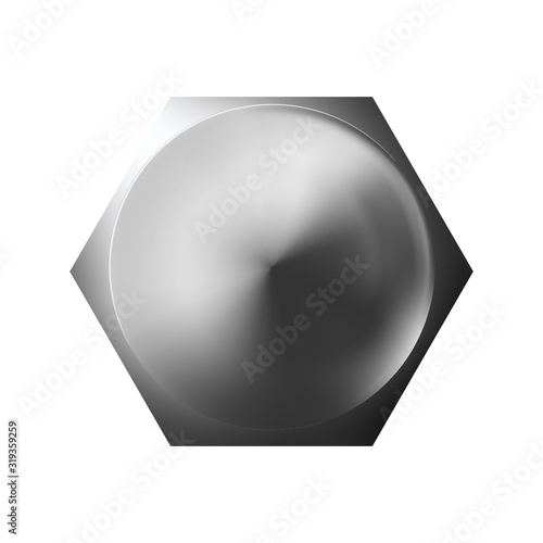 Metal bolt head, shiny cap. Twisted in surface isolated on white background. Macro chrome top view of wide a hat metalwares. Vector illustration.