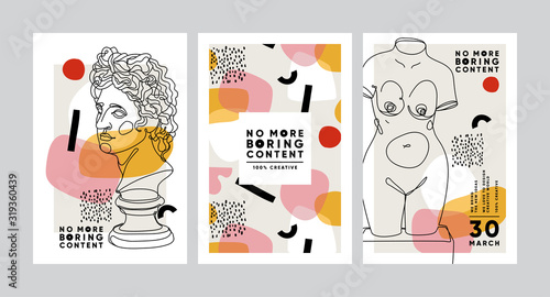 Modern abstract cards with ancient sculptures. Set of vector banners in trendy contemporary style.