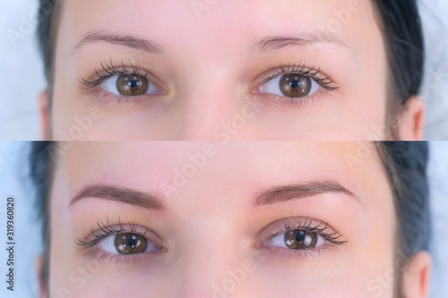 Fototapet Eye of young woman before and after lash laminating and painting eyebrows procedures