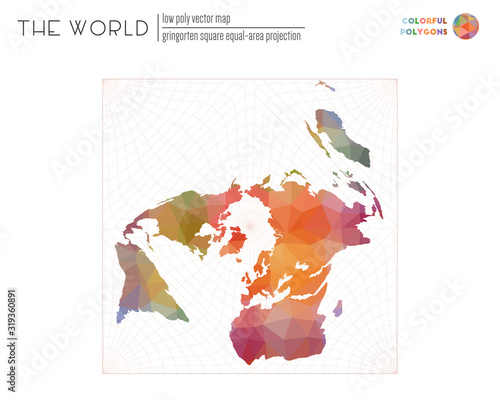 Abstract world map. Gringorten square equal-area projection of the world. Colorful colored polygons. Beautiful vector illustration. photo