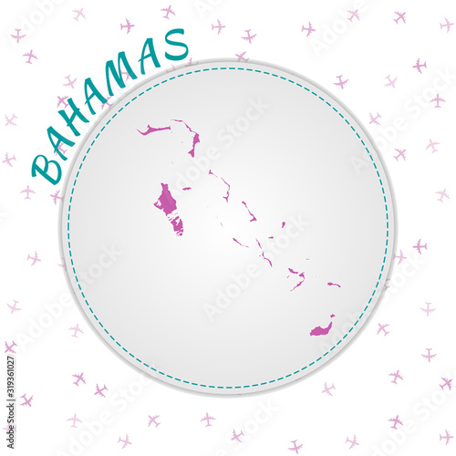 Bahamas map design. Map of the country with regions in emerald-amethyst color palette. Rounded travel to Bahamas poster with country name and airplanes background. Appealing vector illustration.
