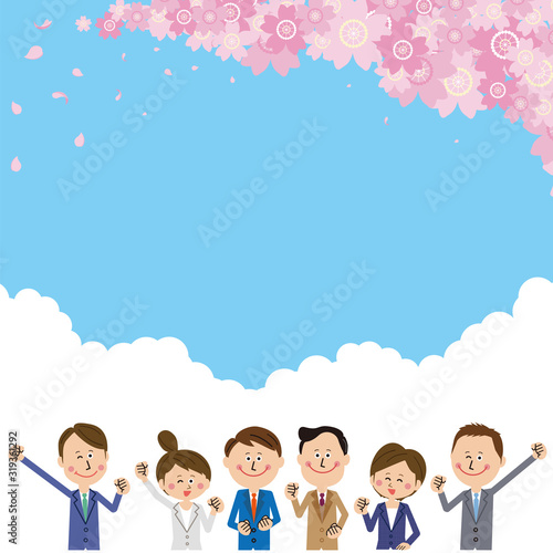 ポップなスーツの男女 ガッツポーズ 大空と桜