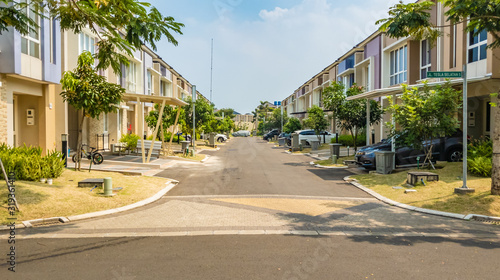 Tangerang, Indonesia - 27 May 2019: Rows of luxury houses in Cluster Thomson and Cluster Tesla in Summarecon Serpong residential area, with big opportunity for property investment and development.