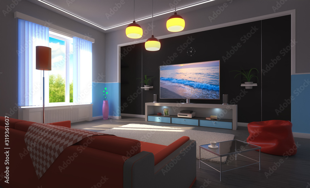 3d rendering of modern room interior with TV set and point lighting (daylight variation) 3d rendering of modern room interior with TV set and point lighting (daylight variation)