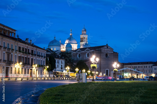 View of the basilica on Prato della Valle in Padova at night, Italy.View of the basilica on Prato della Valle in Padova at night. Night scene. Evening view. Blue hour.
