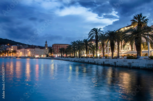 Beautiful Split city with the old town promenade and the Diocletian Palace at blue hour in Croatia  Dalmatia  Europe. 