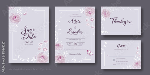 Set of floral wedding Invitation card, save the date, thank you, rsvp template. Vector. Rose flower and leaves, Wax flower.