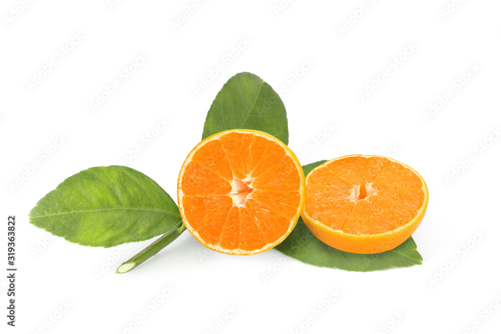 Sweet orange fruit with leaves isolated on white with clipping path Sweet orange fruit with leaves isolated on white with clipping path
