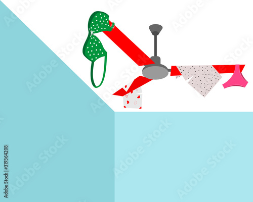 Love passion. Bra and panties are thrown on the ceiling fan. Vector illustration.