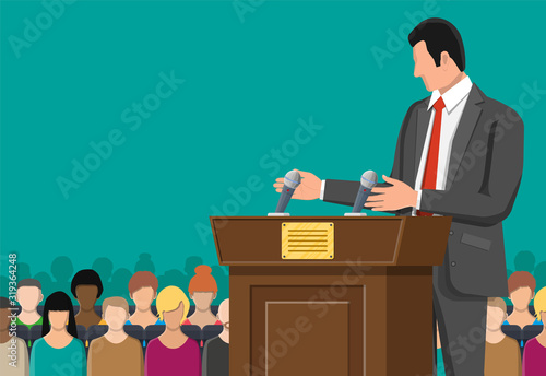 Orator speaking from tribune. Public speaker. Wooden rostrum with microphones for presentation. Stand, podium for conferences, lectures debates. Crowd, demonstrators, protest. Flat vector illustration