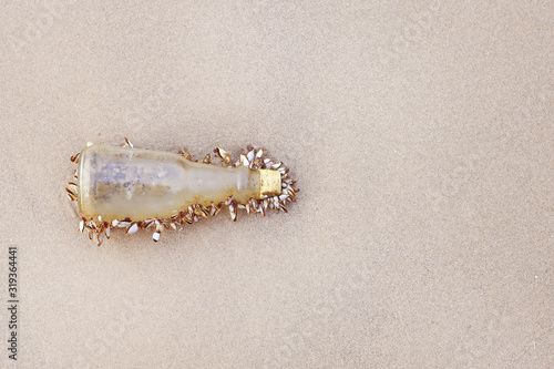 Old glass bottle overgrown with seashells on a sandy beach background photo