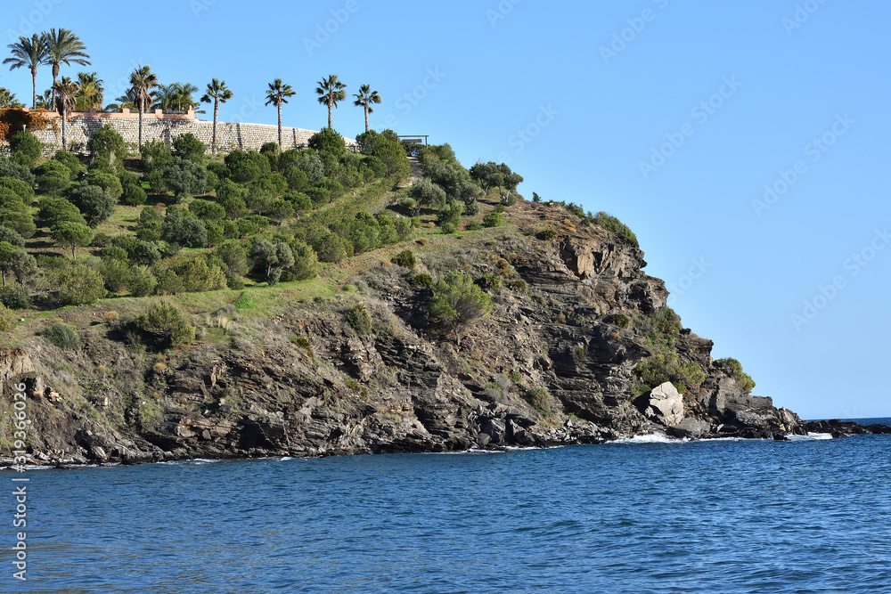 View of the coast of Granada with palm trees on top of the mountain