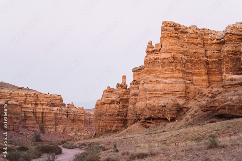 Charyn Canyon, Kazakhstan. Red-yellow canyon in yellow light. Looks like a famous grand canyon in America. Summer