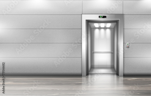 Open elevator doors in hallway. Vector realistic empty modern office or hotel lobby interior with lift, metal panel with buttons and floor display on wall