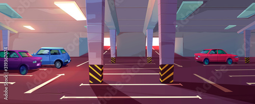 Underground car parking. Basement garage with lots for automobiles, columns, road marking and guiding arrows in corridor. Vector cartoon interior of parking in mall or city house