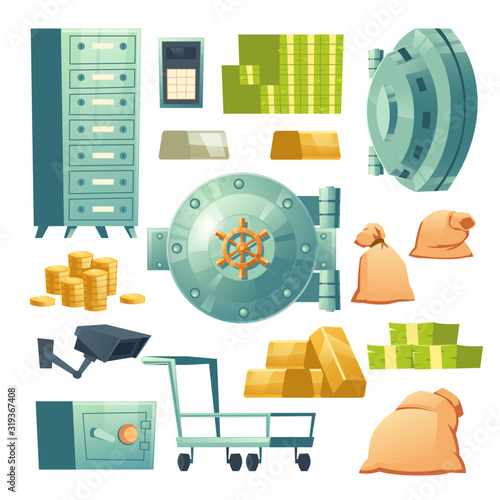Money cash in bank vault. Vector cartoon icons set of deposit safe boxes, round metal doors, dollar banknotes and coins, gold ingots and push cart. Financial equipment isolated on white background