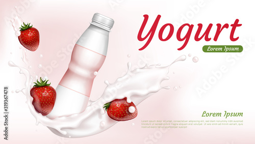 Yogurt advertising with strawberries and milk splash. Blank plastic bottle for sweet dairy drink. Vector realistic mockup with youghurt pack in white cream wave for ads poster of fruit dessert