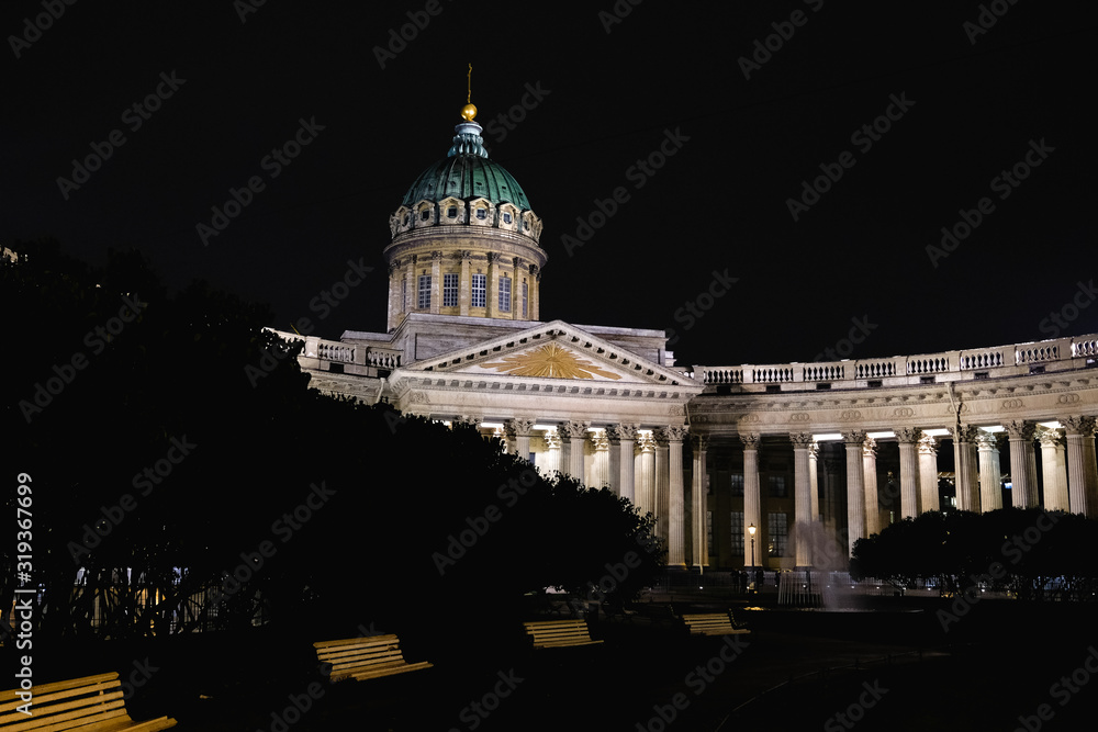 Russia, Saint-Petersburg. Kazan cathedral at night in october. Famous building in St. Petersburg.