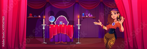 Fortuneteller gypsy woman invite at her mystical room with magic attributes for occultism crystal ball, tarot cards and burning candles, fortune-telling, future prediction Cartoon vector illustration
