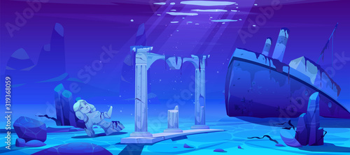 Wreck ship, sunken steamboat vessel with pipes on ocean sandy bottom near ancient old architecture columns and broken female statue, underwater world, pc game background. Cartoon vector illustration