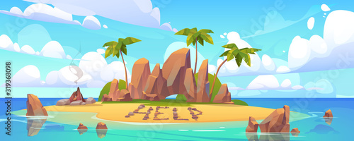 Lost island in ocean with alone castaway person asking for help. Vector cartoon sea landscape witn tropical island with palms, rocks and sand beach with bonfire.