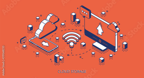 Cloud storage isometric banner. Computer and smartphone connected with cloudy system server via wifi, internet service for smart gadgets, digital technology background 3d vector line art illustration