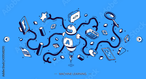 Machine learning isometric banner, artificial intelligence science, computer algorithm. Octopus robot with many hands hold gadgets, attributes for business and study. 3d vector illustration, line art