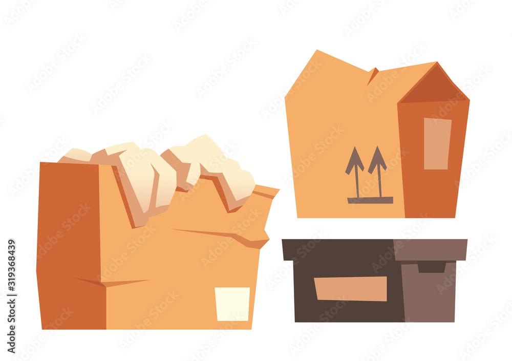 Cardboard boxes set, paper containers for freight and goods transportation isolated on white background. Brown closed and open packaging with foam and up arrows marking. Cartoon vector illustration Cardboard boxes set, paper containers for freight and goods transportation isolated on white background. Brown closed and open packaging with foam and up arrows marking. Cartoon vector illustration