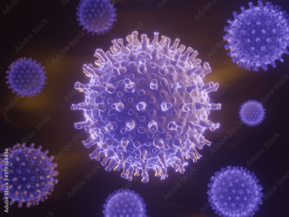 Coronavirus cells in human body. Respiratory virus in microscopic view. illustration of 3D render. Closeup and copy space. Concept of health care. Coronavirus cells in human body. Respiratory virus in microscopic view. illustration of 3D render. Closeup and copy space. Concept of health care.