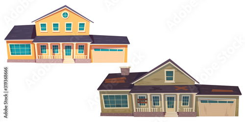 Old broken slum house and new cottage. Abandoned dilapidated building with boarded up windows and modern suburban home with garage. Vector cartoon wooden houses isolated on white background