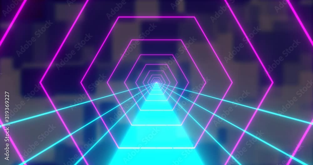 Abstract seamless loop pink and blue neon VJ futuristic tunnel in hexagon form