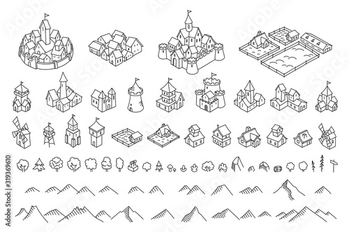 Middle Ages city map kit. Buildings set. Medieval fantasy sketch. Mountains and trees. Selection for board game. Hand drawn vector black line.