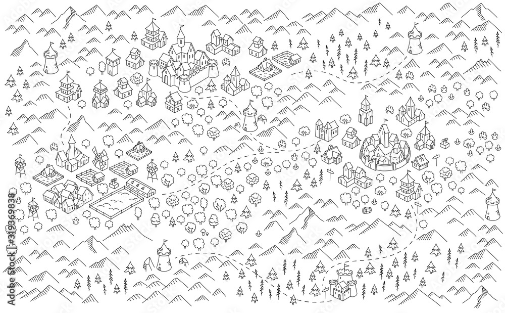 Medieval city, fantasy area map sketch. Mountain river and village buildings. Middle Ages map for board game. Hand drawn vector black line.