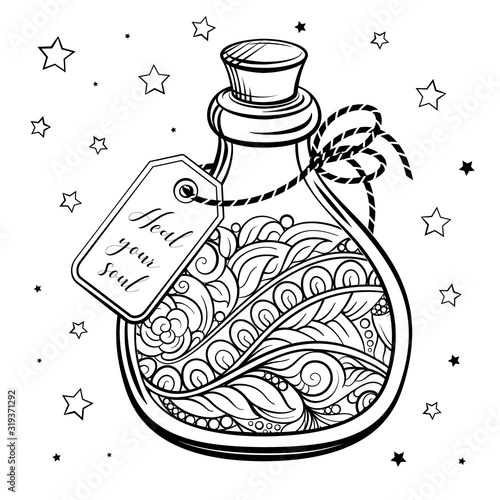 Bottle with magic calming potion. Black and white vector graphic. Antistress coloring page. photo