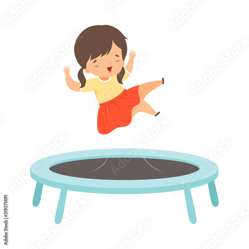 Cute Brunette Girl Bouncing on a Trampoline, Kid Trampolining and Having Fun, Active Children Leisure Vector Illustration