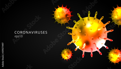 Coronaviruses 3d realistic vector in black background. corona virus cell, wuhan virus disease. Perfect for banner information, flyer, poster, etc