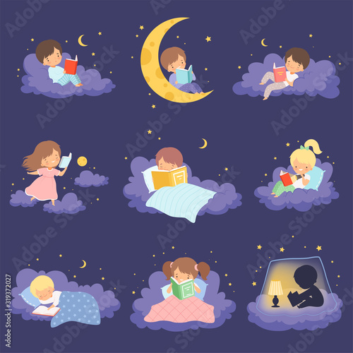 Cute Blonde Little Girl Sitting and Lying on Clouds at Night and Reading Books Collection Vector Illustration