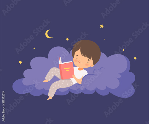 Cute Little Boy Lying on a Cloud at Night Sky and Reading a Bedtime Story Vector Illustration