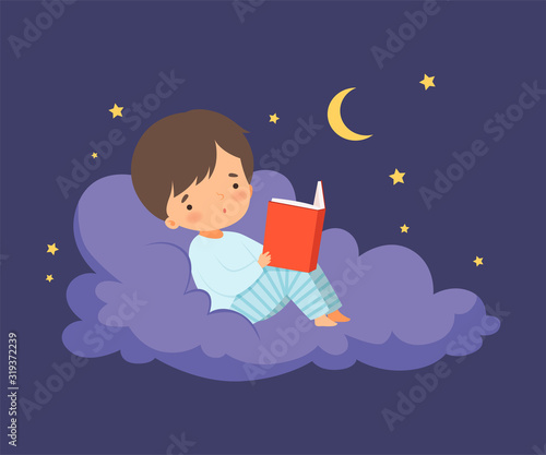 Cute Little Boy Lying on a Cloud at Night Sky and Reading a Book Vector Illustration