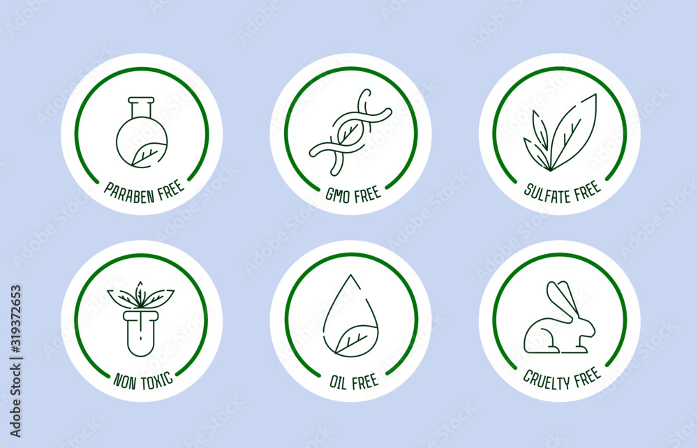 Paraben free icon set. Set of eco badges. Free from artificial ingredients, pesticide, phosphate logos. For cosmetics, organic food, packaging. Vector illustration Paraben free icon set. Set of eco badges. Free from artificial ingredients, pesticide, phosphate logos. For cosmetics, organic food, packaging. Vector illustration