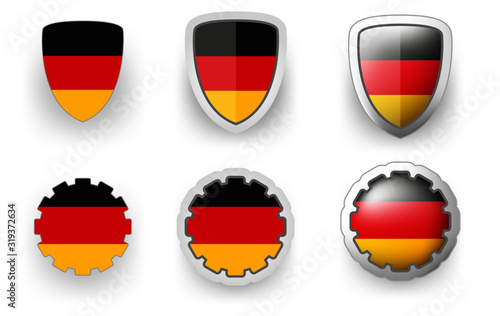 Free Download 6 Germany vector icons - button shield and gear, flat and volumetric style in flag colors black, red, yellow for flyer any holiday design or poster - GFXLoad