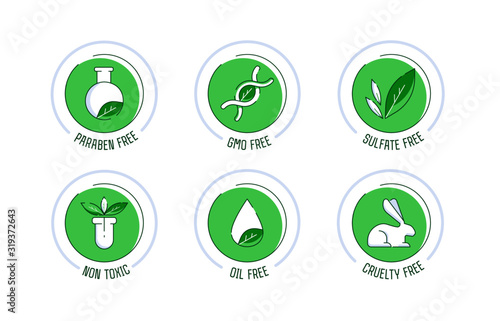 Paraben Free icon set. Provenance Set of eco badges. Free from artificial ingredients, pesticide, phosphate logos. For cosmetics, organic food, packaging. Vector illustration
