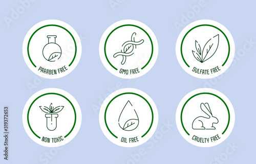 Paraben free icon set. Set of eco badges. Free from artificial ingredients, pesticide, phosphate logos. For cosmetics, organic food, packaging. Vector illustration
