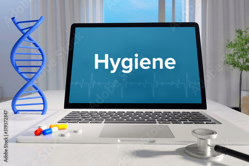 Hygiene– Medicine/health. Computer in the office with term on the screen. Science/healthcare